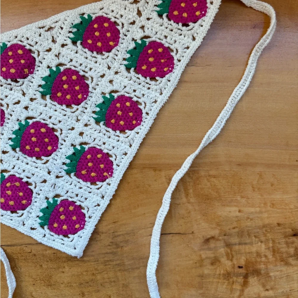 Handmade Cream Crochet Triangle Headscarf with Pink Strawberry Motifs